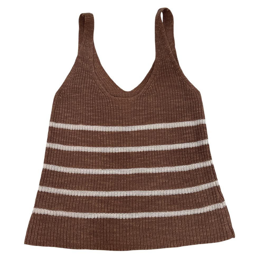 FAHERTY Brown & White Striped Linen/Cotton Blend Knit V-Neck Tank Top Size Small
